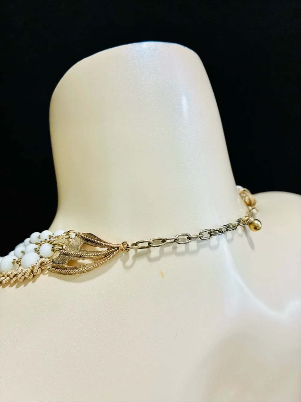 Signed Multi-Strand White Bead and Gold Chain Statement Necklace MCM Retro EUC
